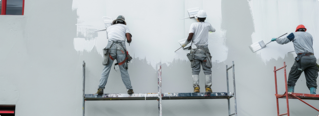 Construction worker assemble a suspended ceiling with drywall and fixing the drywall to the ceiling metal frame with screwdriver. Renovation, construction and ceiling installation concept.