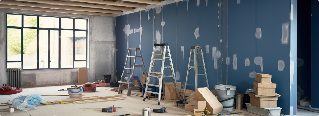 Construction worker assemble a suspended ceiling with drywall and fixing the drywall to the ceiling metal frame with screwdriver. Renovation, construction and ceiling installation concept.