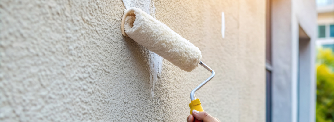 Construction worker assemble a suspended ceiling with drywall and fixing the drywall to the ceiling metal frame with screwdriver. Renovation, construction and ceiling installation concept.