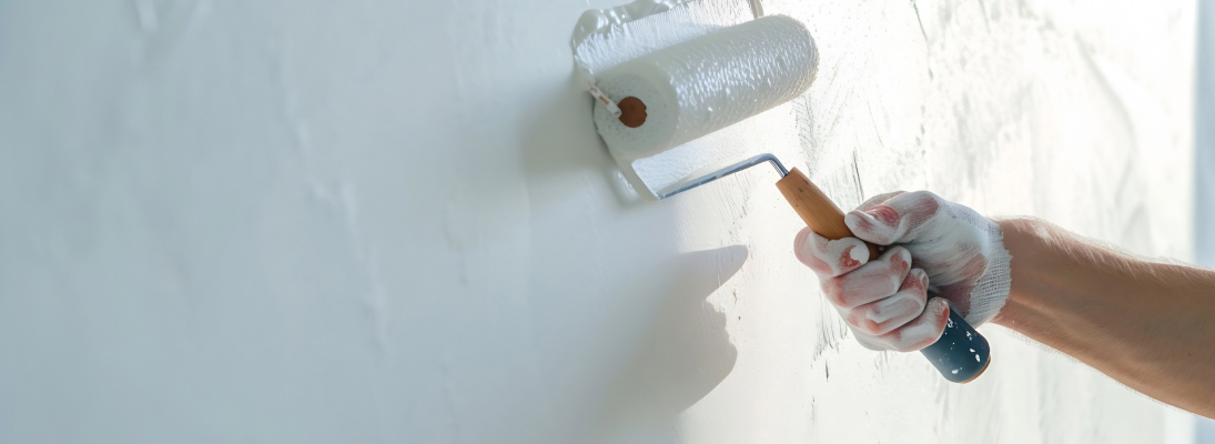 Construction worker assemble a suspended ceiling with drywall and fixing the drywall to the ceiling metal frame with screwdriver. Renovation, construction and ceiling installation concept.