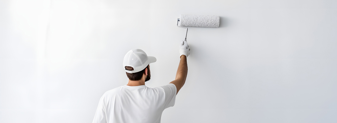 Construction worker assemble a suspended ceiling with drywall and fixing the drywall to the ceiling metal frame with screwdriver. Renovation, construction and ceiling installation concept.